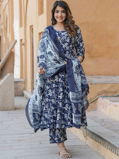 Rajwada Navy Blue Rayon Printed Kurta Set For Women