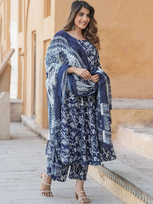 Rajwada Navy Blue Rayon Printed Kurta Set For Women