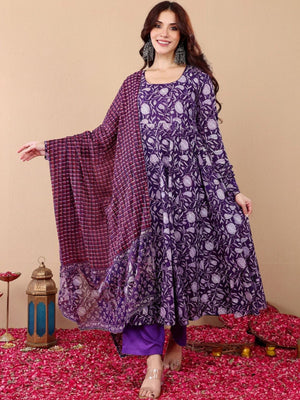 Rajwada Dark Purple Rayon Printed Kurta Set For Women