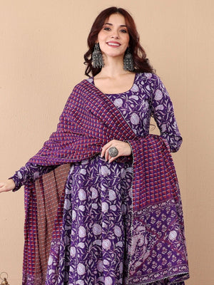 Rajwada Dark Purple Rayon Printed Kurta Set For Women