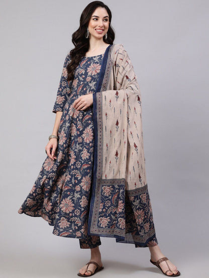 Rajwada Dusty Blue Rayon Printed Kurta Set For Women