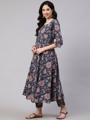 Rajwada Dusty Blue Rayon Printed Kurta Set For Women