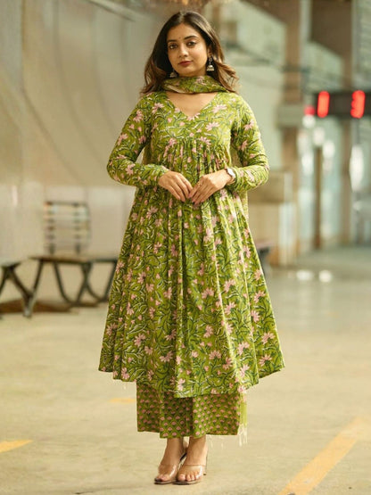 Rajwada Olive Green Rayon Printed Kurta Set For Women