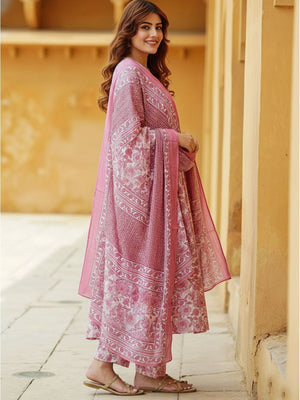 Rajwada Light Pink Rayon Printed Kurta Set For Women