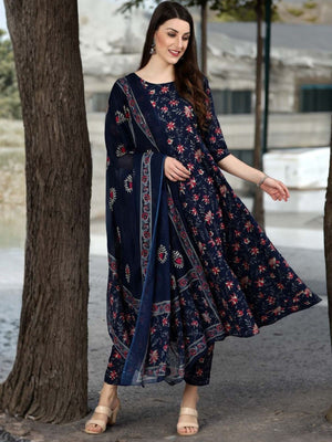 Rajwada Navy Blue Rayon Printed Kurta Set For Women
