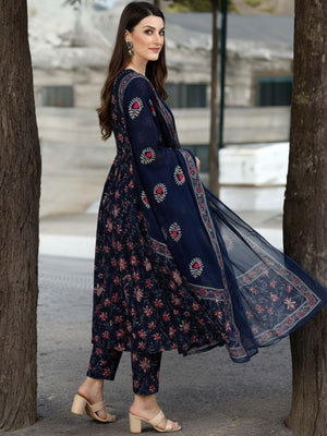 Rajwada Navy Blue Rayon Printed Kurta Set For Women