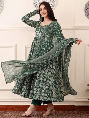 Rajwada Dark Green Rayon Printed Kurta Set For Women