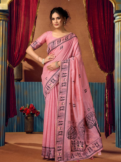 Rajwada Light Pink Cotton Blend Printed Saree For Women
