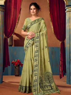 Rajwada Pista Green Cotton Blend Printed Saree For Women