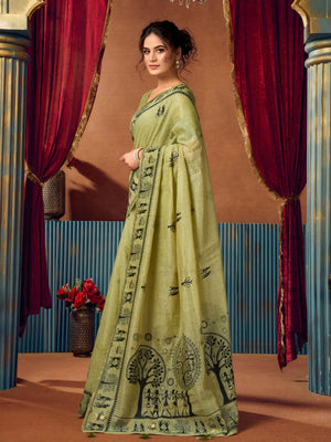 Rajwada Pista Green Cotton Blend Printed Saree For Women