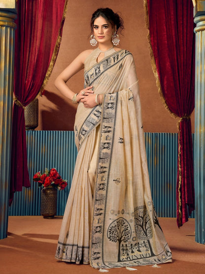 Rajwada Beige Cotton Blend Printed Saree For Women