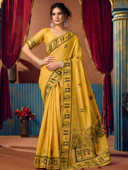 Rajwada Mustard Yellow Cotton Blend Printed Saree For Women