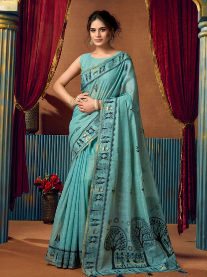Rajwada Mint Green Cotton Blend Printed Saree For Women