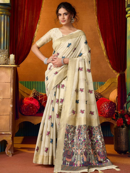 Rajwada Off White Cotton Blend Printed Saree For Women