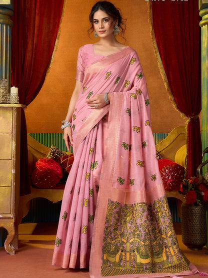 Rajwada Light Pink Cotton Blend Printed Saree For Women