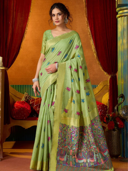 Rajwada Light Green Cotton Blend Printed Saree For Women