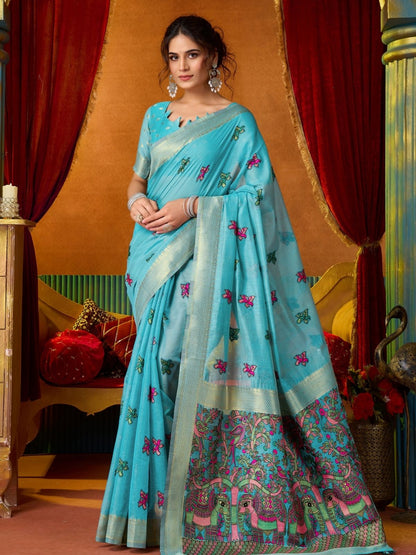 Rajwada Light Blue Silk Blend Printed Saree For Women