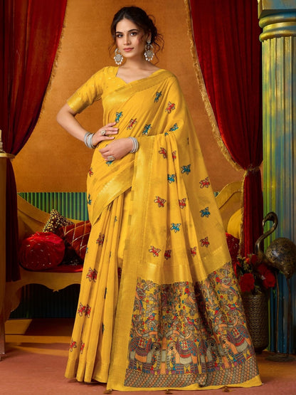 Rajwada Yellow Cotton Blend Printed Saree For Women