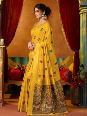 Rajwada Yellow Cotton Blend Printed Saree For Women