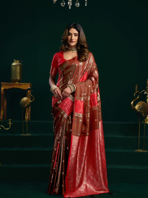 Rajwada Red and Brown Silk Blend Woven Saree For Women