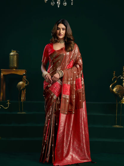 Rajwada Red and Brown Silk Blend Woven Saree For Women