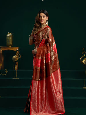 Rajwada Red and Brown Silk Blend Woven Saree For Women