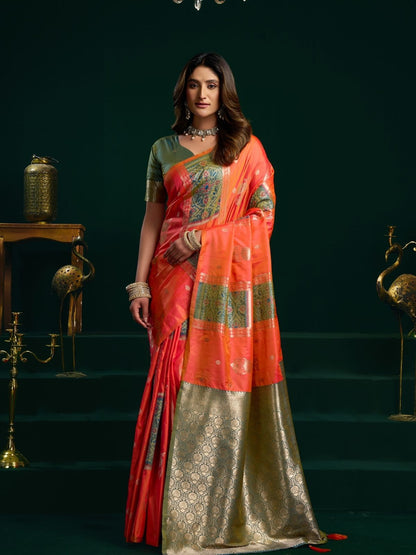 Rajwada Orange and Green Silk Blend Woven Saree For Women