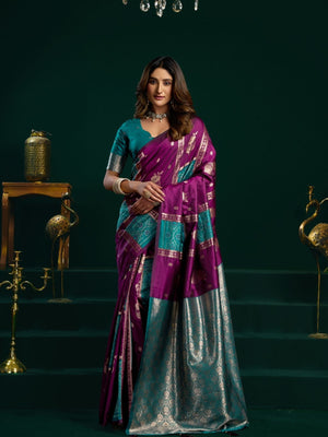 Rajwada Wine and Teal Blue Silk Blend Woven Saree For Women