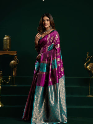 Rajwada Wine and Teal Blue Silk Blend Woven Saree For Women