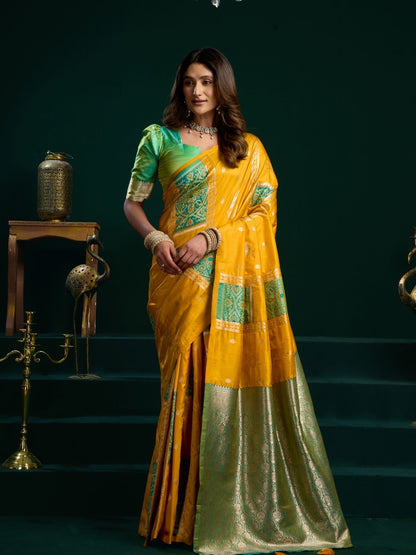 Rajwada Yellow and Light Green Silk Blend Woven Saree For Women