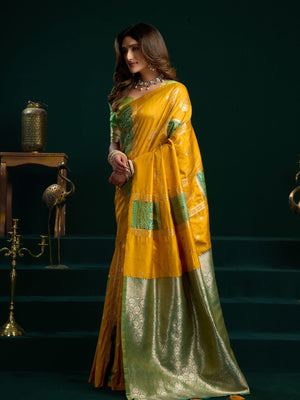 Rajwada Yellow and Light Green Silk Blend Woven Saree For Women