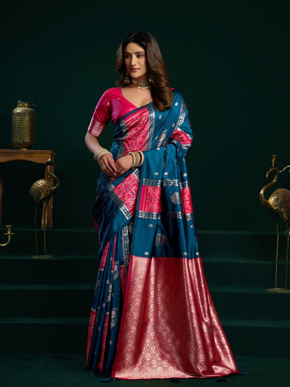 Rajwada Navy Blue and Pink Silk Blend Woven Saree For Women