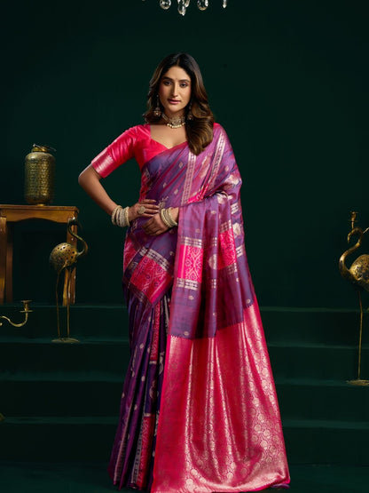 Rajwada Purple and Pink Silk Blend Woven Saree For Women
