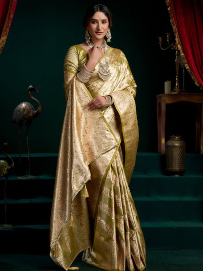 Rajwada Olive Green Silk Blend Woven Saree For Women