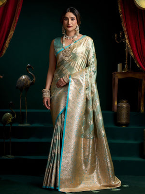Rajwada Sky Blue and Gold Silk Blend Woven Saree For Women