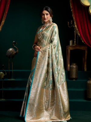 Rajwada Sky Blue and Gold Silk Blend Woven Saree For Women
