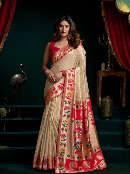 Rajwada Beige Silk Blend Woven Saree For Women
