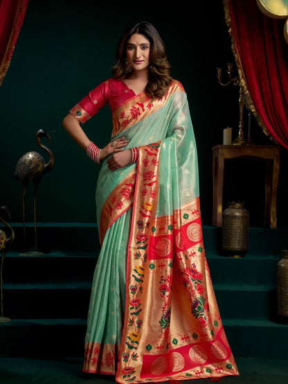 Rajwada Light Green Silk Blend Woven Saree For Women