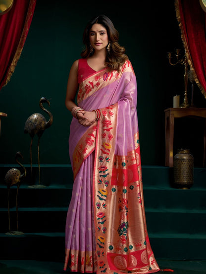 Rajwada Light Pink Silk Blend Woven Saree For Women