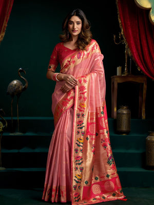Rajwada Pink and Maroon Silk Blend Woven Saree For Women