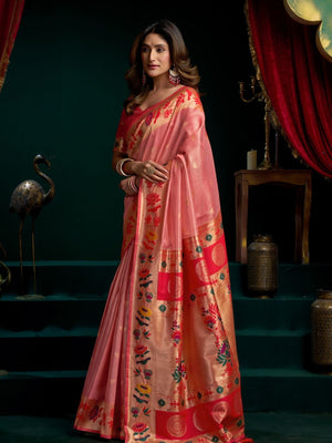 Rajwada Pink and Maroon Silk Blend Woven Saree For Women