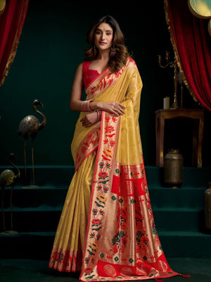 Rajwada Yellow Silk Blend Woven Saree For Women