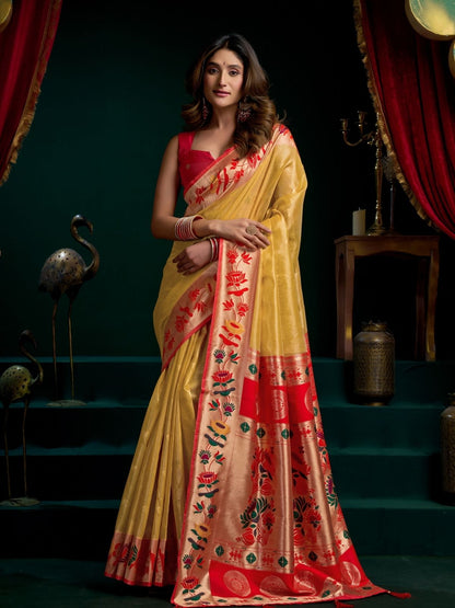 Rajwada Yellow Silk Blend Woven Saree For Women