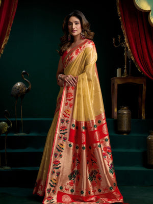 Rajwada Yellow Silk Blend Woven Saree For Women