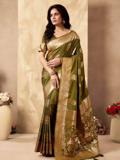 Rajwada Olive Silk Blend Woven Saree For Women