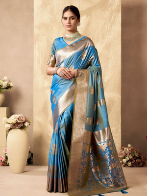 Rajwada Sky Blue Silk Blend Woven Saree For Women