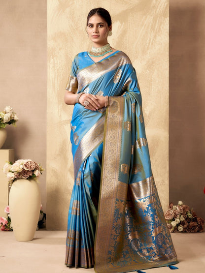Rajwada Sky Blue Silk Blend Woven Saree For Women