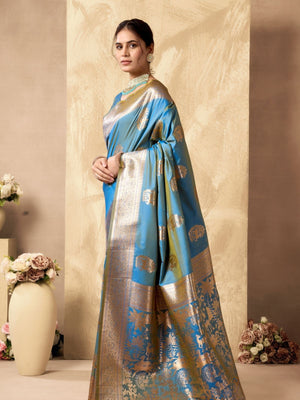 Rajwada Sky Blue Silk Blend Woven Saree For Women