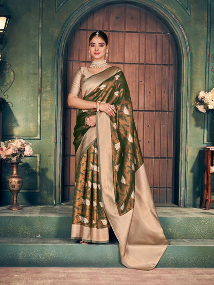 Rajwada Olive And Beige Silk Blend Woven Saree For Women