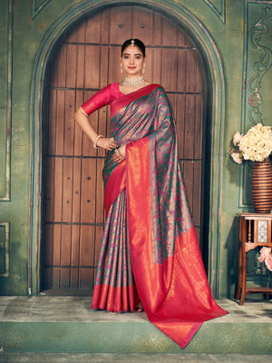 Rajwada Teal Green Silk Blend Woven Saree For Women